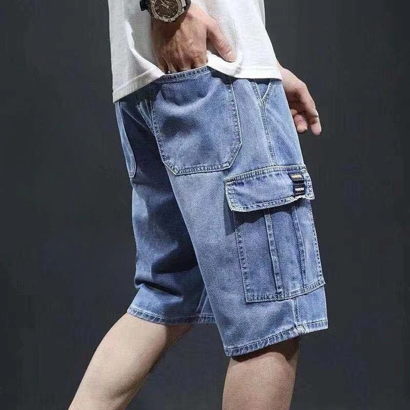 Men's Straight Leg Denim Shorts Slim Fit Summer Hong Kong Style Casual Cargo Knee-Length Versatile Trendy Simple Fashionable