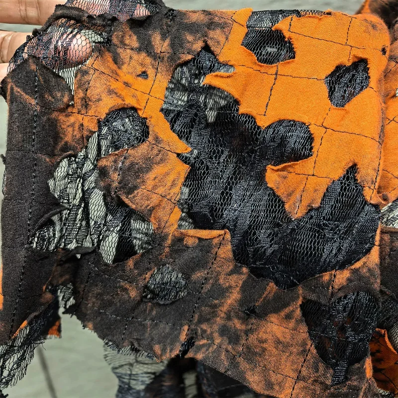 Vintage Orange Black Hollow Out Burnt Out Pattern Distressed Lace Fabric Shawl Cloak Garment Handmade DIY Craft Material Textile