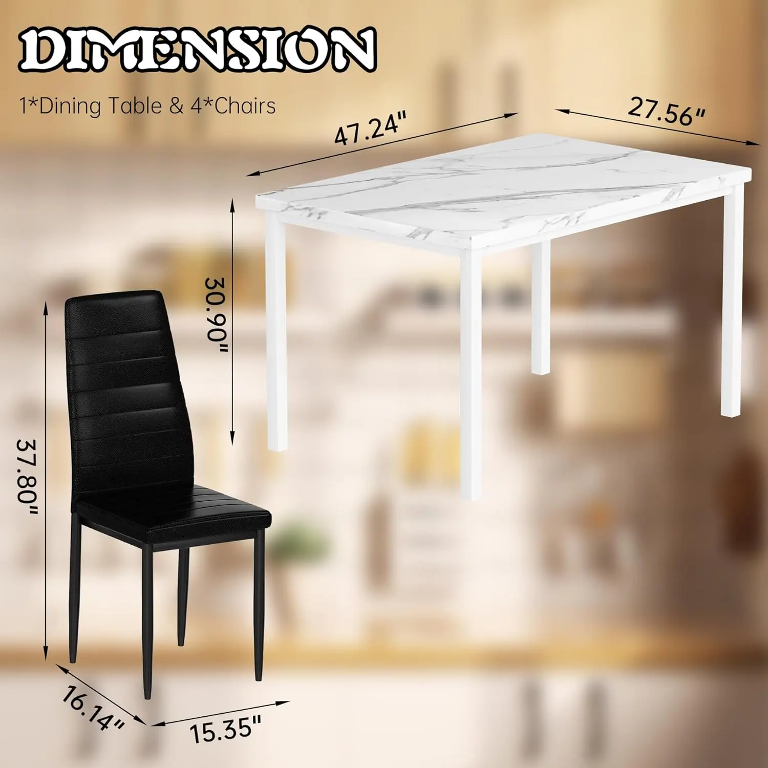 Dining Table Set for 4, 5 Piece Kitchen Table Set with PU Leather Chairs Space-Saving Faux Marble Dining Room Table Set for 4