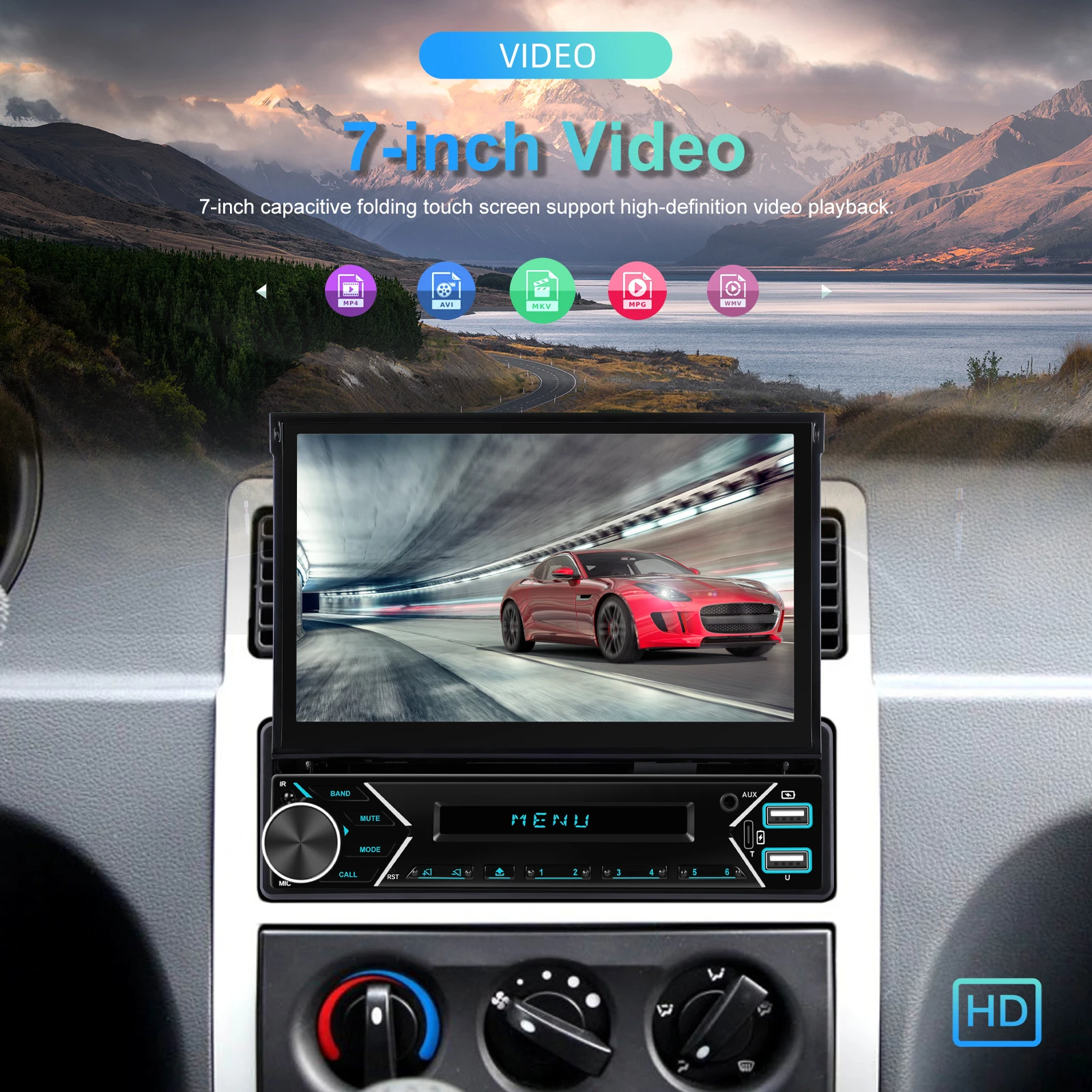 Podofo 1Din MP5 Player 7'' HD Retractable Car Radio Wireless Carplay Android Auto Multimedia Player Bluetooth FM USB Car Audio