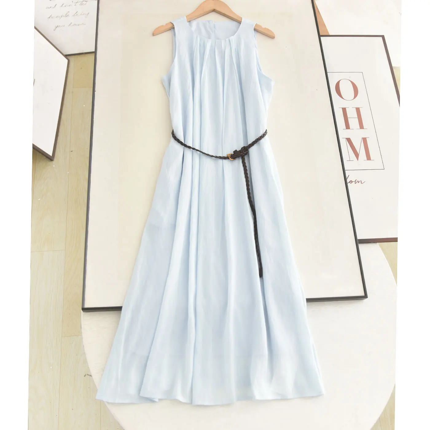 Elegant Blue Sleeveless Vest Dress round Neck Drawstring Waist Slimming Simple Style Summer New Arrival Women's Daily Wear