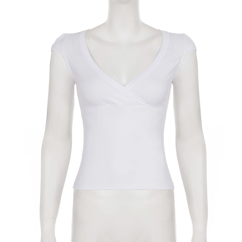 SUCHCUTE Y2K Basic Wrap V-Ausschnitt T-Shirt mit Flügelärmeln, geraffter Taille, schmal geschnitten, kurz geschnitten, lässiges Top, Sommer Damen T-Shirts, Korean Harajuku – Detail 4