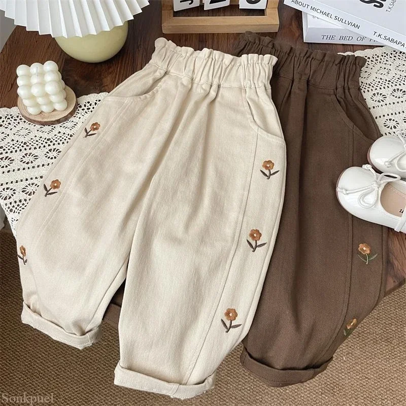New  Autumn Children Casual Pants Print Girls Flower Embroidery Cotton Trousers Kids Elastic Waist