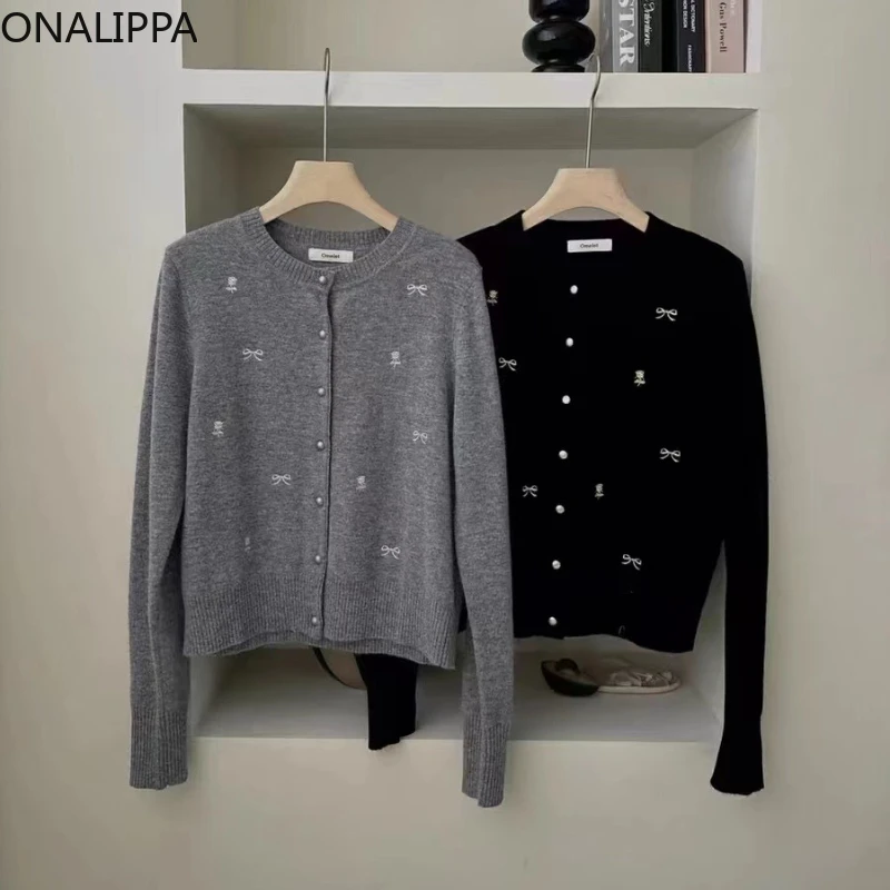 Onalippa Bows Embroidery Knitted Cardigan Women Sweet O Neck Single Breasted Loose Sweater Korean Chic Design Kawaii Cardigans