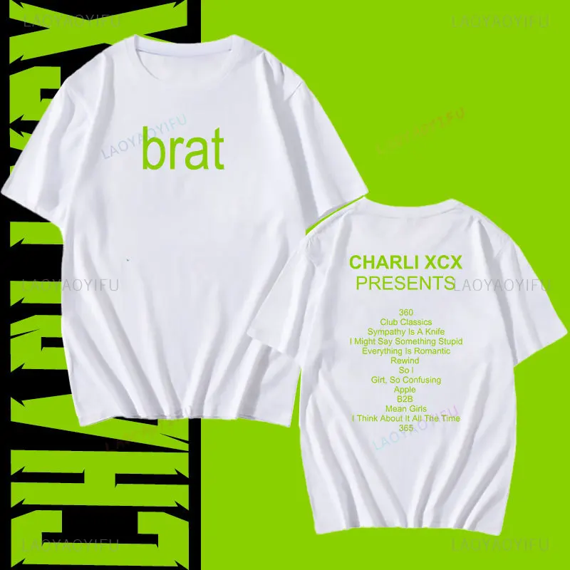 Charli Xcx Brat 2024 Tour Album Letter Graphic T Shirts Men Hip Hop High Quality Cotton Vintage Fashion T-shirt Woman Streetwear