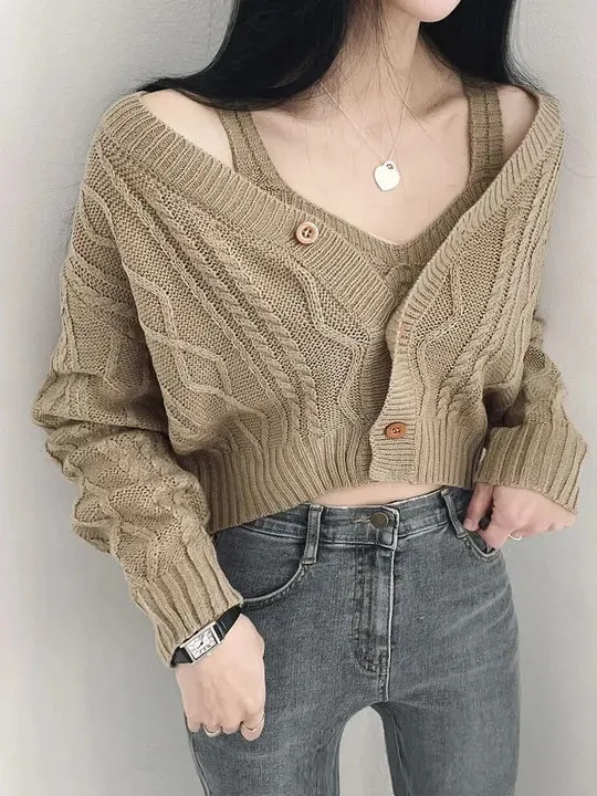 

Retro Knitted Sweater Coat for Women Chic Long Sve Open Cardigan Two Piece Set with High Waist Strap Trendy Autumn Faion