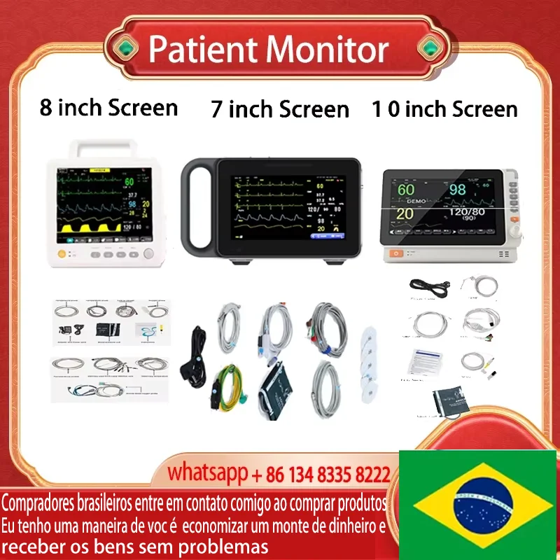 Monitor de Paciente Portátil de 7/8/10 Polegadas para Uso Adulto/Veterinário com 6 Parâmetros, Monitor de Sinais Vitais ECG/NIBP/PR/SPO2/RESP/TEMP