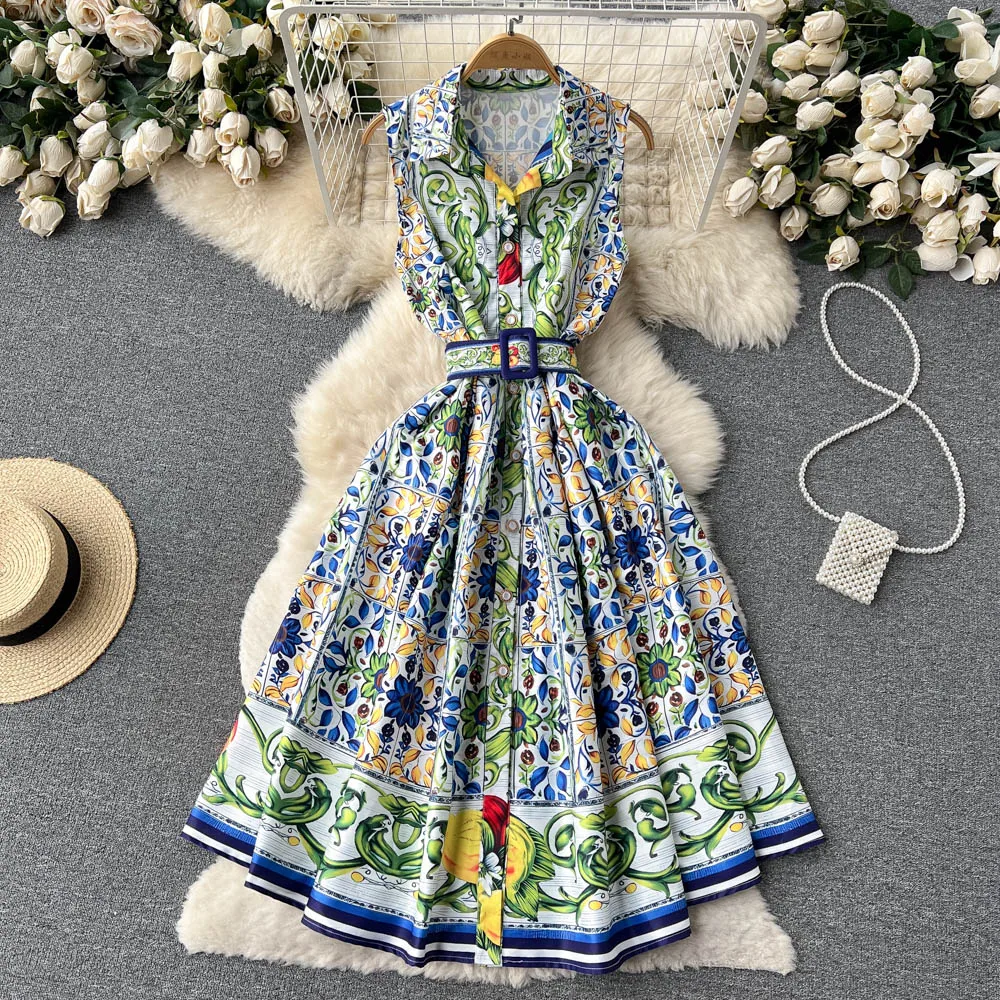

Spring Summer New Court Sle Svel Collar Stand Slimming Print Midi Dr Trendy High Waist A-Line Skirt Korean Sle
