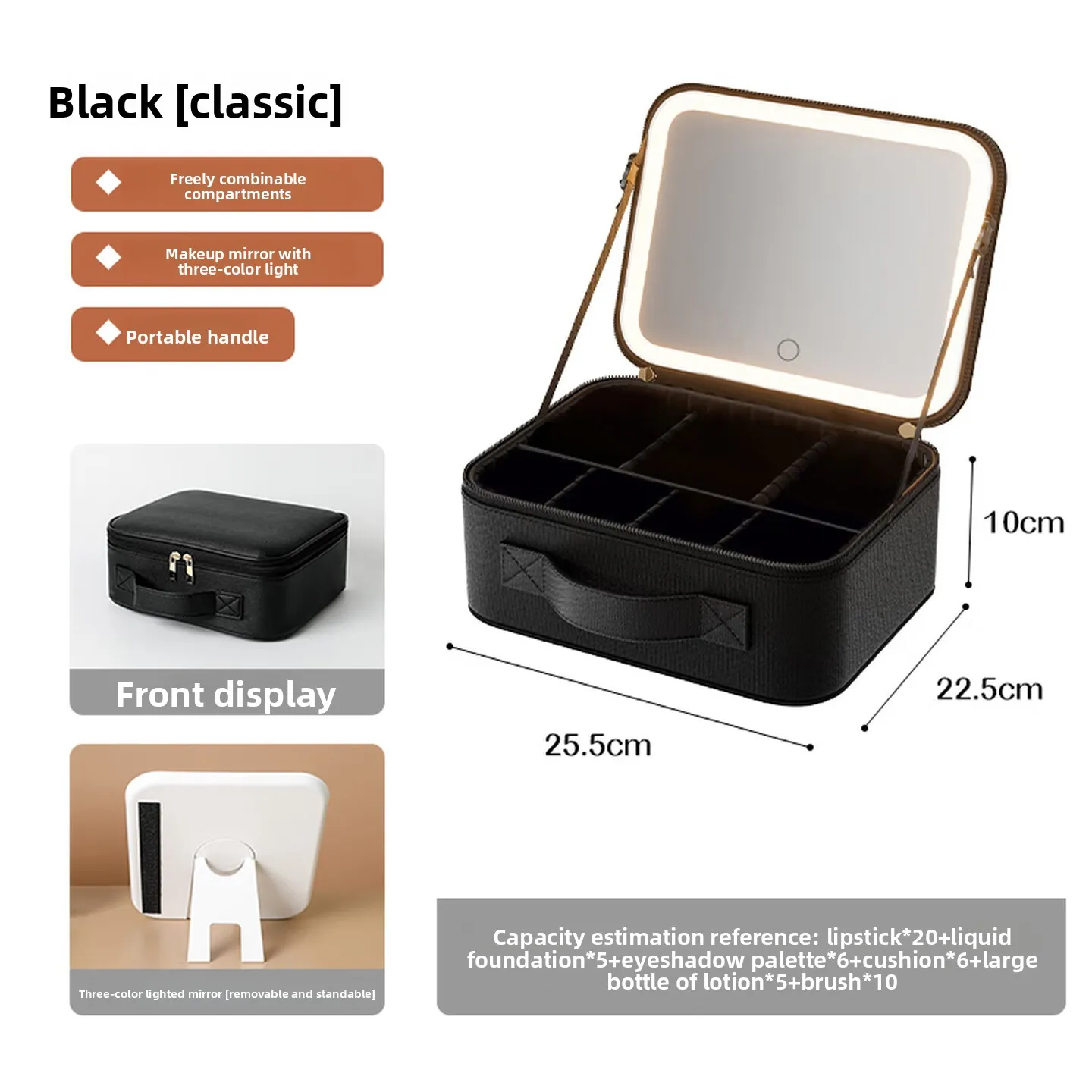 Portable Makeup Case, Cosmetic Organizer with LED Mirror, 3 Light Colors, Touch Controls and Removable Dividers, Classic Black