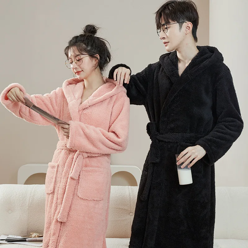 Bathrobe Woman Shower Couple Pyjamas Nightgown Women Homewear Hooded Men Winter Thickened Long Flannel Suit Easy to Clean Black