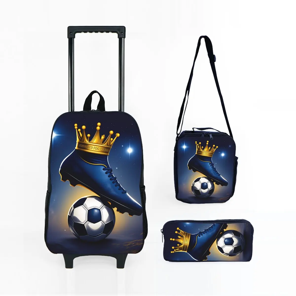 

Детский комплект на колесиках с принтом футбольной коронки: сумка-тележка, ланч-бокс, пенал и рюкзак для девочек/мальчиков