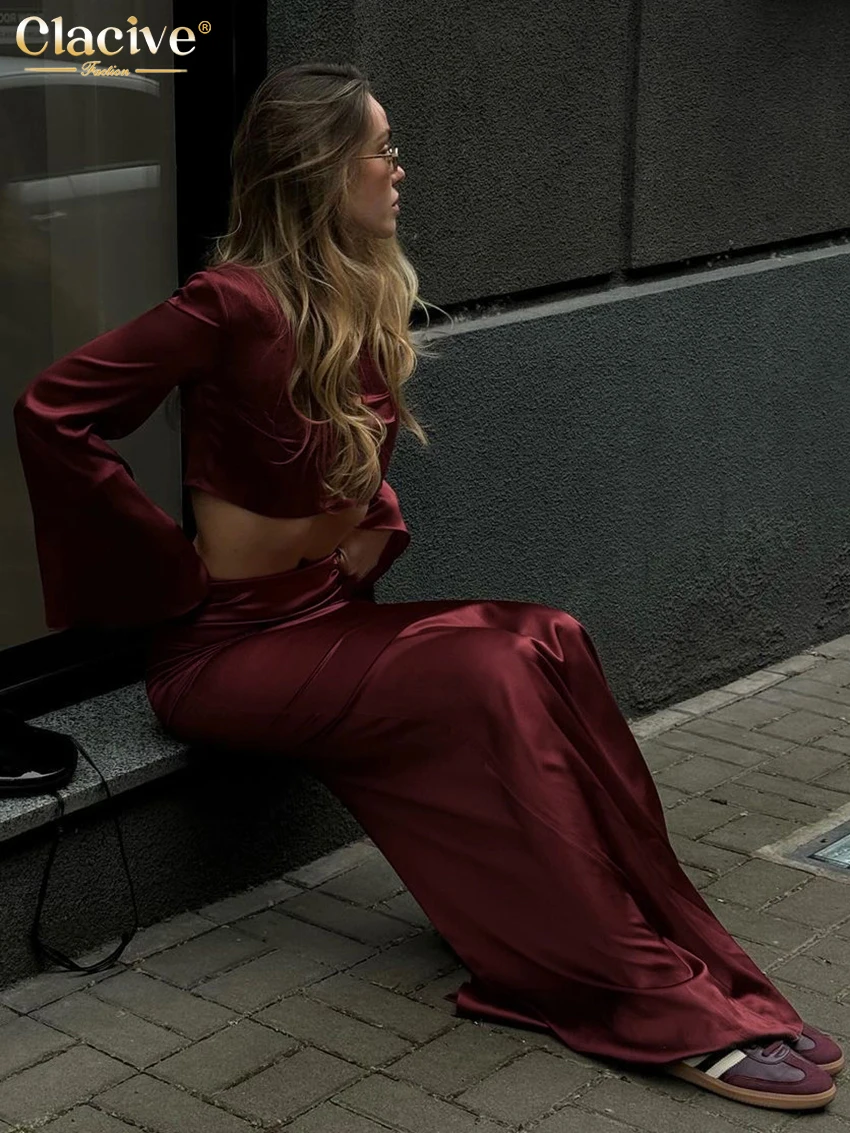 Clacive Fashion Loose Wine Red Satin 2 Piece Set Women Outfit Elegant Long Sleeve Crop Top With Mid Waist Long Skirts Set Female