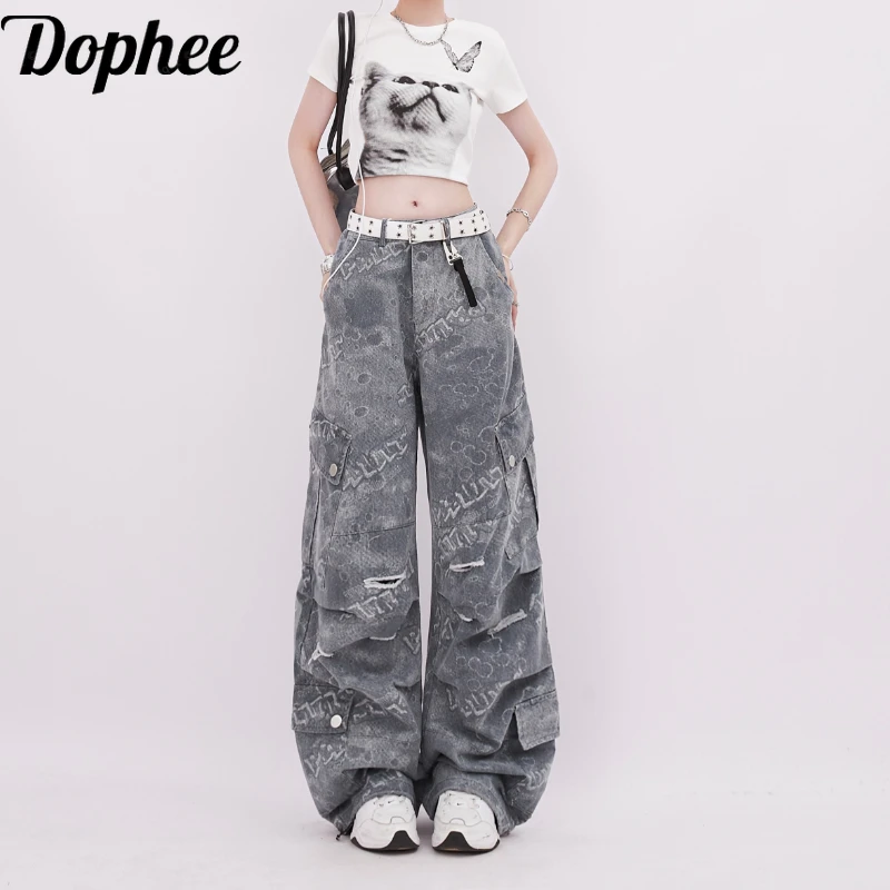 Dophee Women Denim Overalls Spring Autumn Cargo Pants High Street Dopamine Multi Pocket Hole Spice Girls Loose Straight Jeans