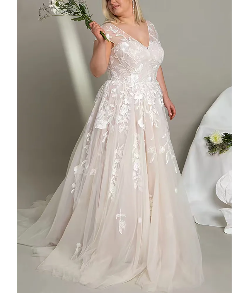 

Customized Graceful Organza A-Line Appliques Evening Dress High Quality Short Sleeves V-Neck Floor Length Celebrity Gowns