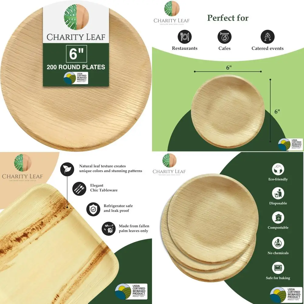 

Eco-Friendly Disposable Palm Leaf Round Plates, 6-Inch Bamboo-Style Serving Platters, 200 Count Dinnerware Set for Parties and C