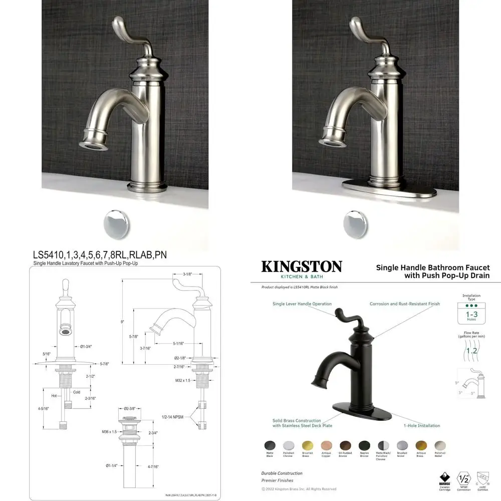 

Royale LS5418RL Смеситель для ванной комнаты с одной ручкой и выдвижным сливом, отделка из матового никеля