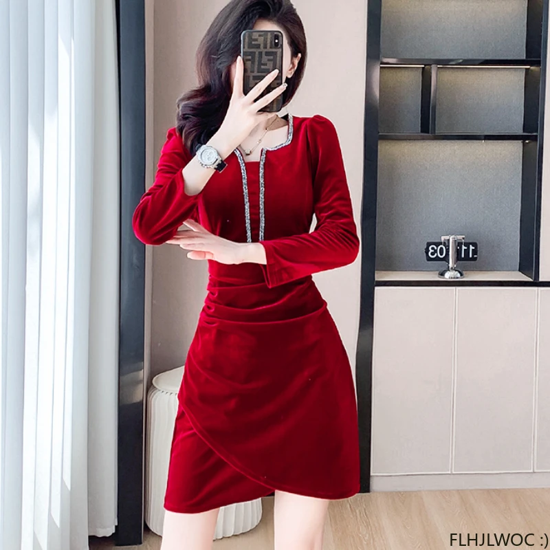 New Year Retro Vintage French Design Dresses Women Elegant Annual Meeting Slim Bodycon Bling Party Evening Velvet Dress