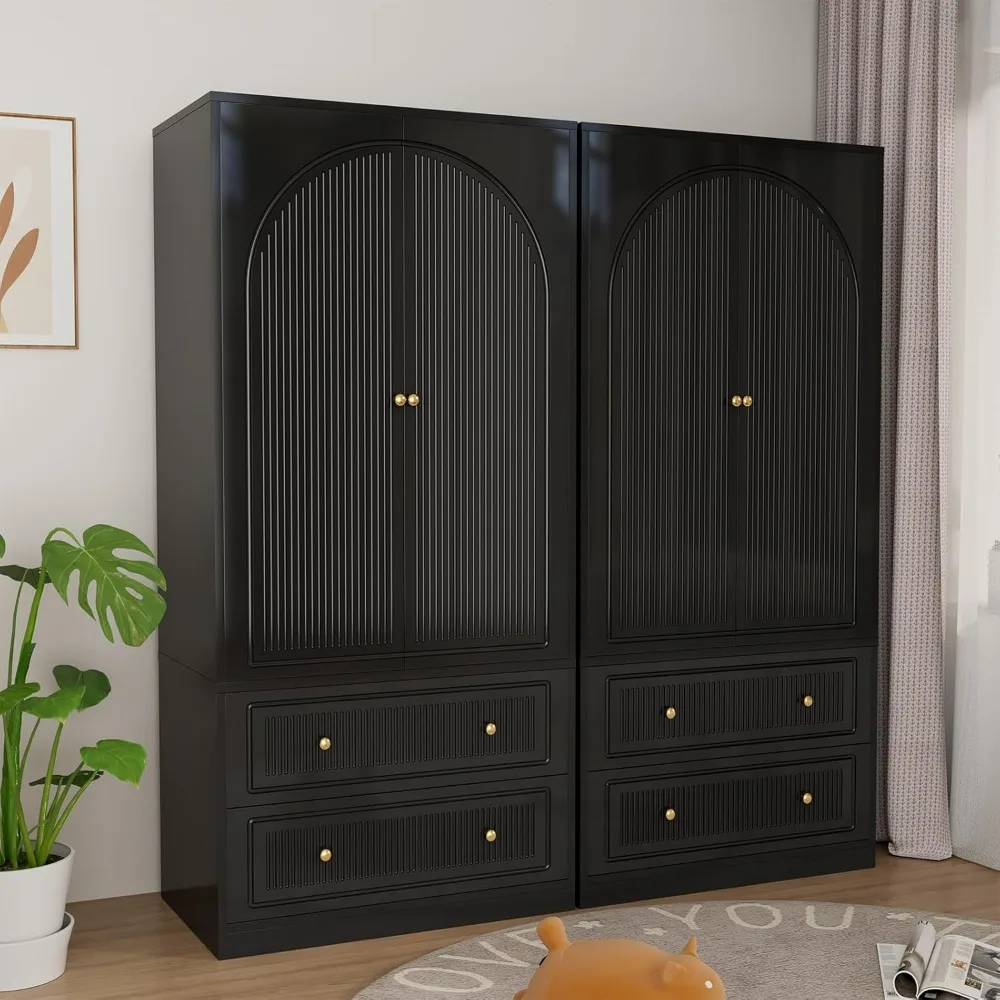 

Wardrobe Closet with 4 Door & 4 Drawers, Hanging Rod, Freestanding Large Capacity Clothing Wardrobe Cabinet w/Gold Handles