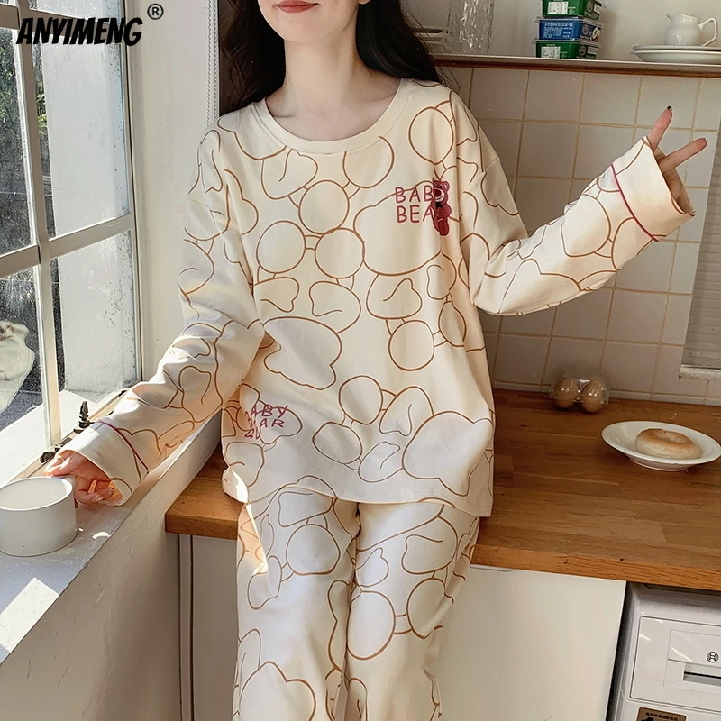 Korean Pajamas for Women Autumn Winter Ladies Pajama Sets Leisure Loungewear Sweet Lapel Pyjama Sleepwear Woman Home Suit