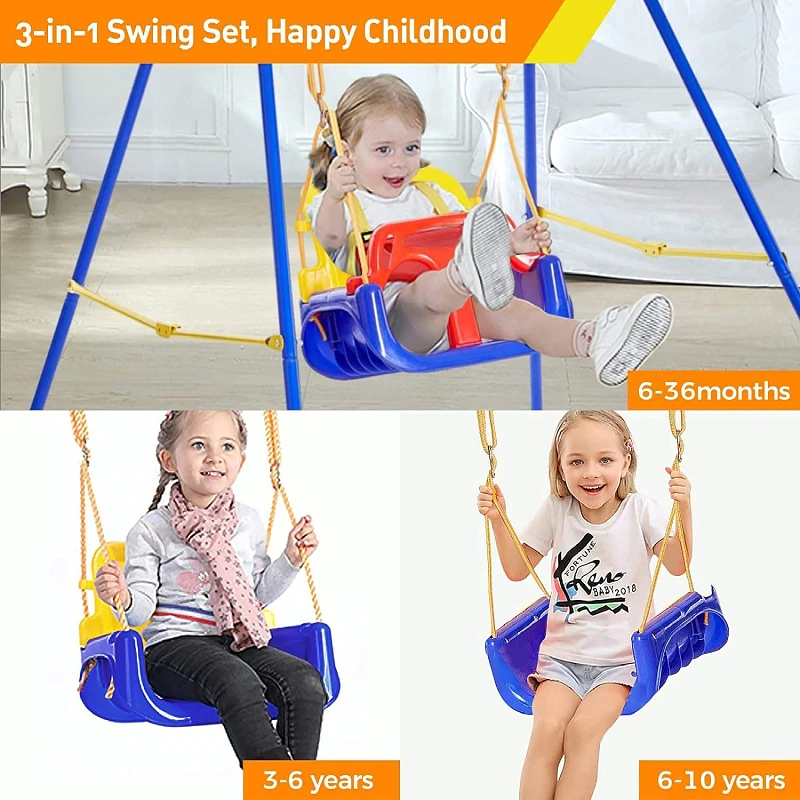 Best-selling indoor and outdoor children's swing sets with baby safety devices, snap hooks and suspenders