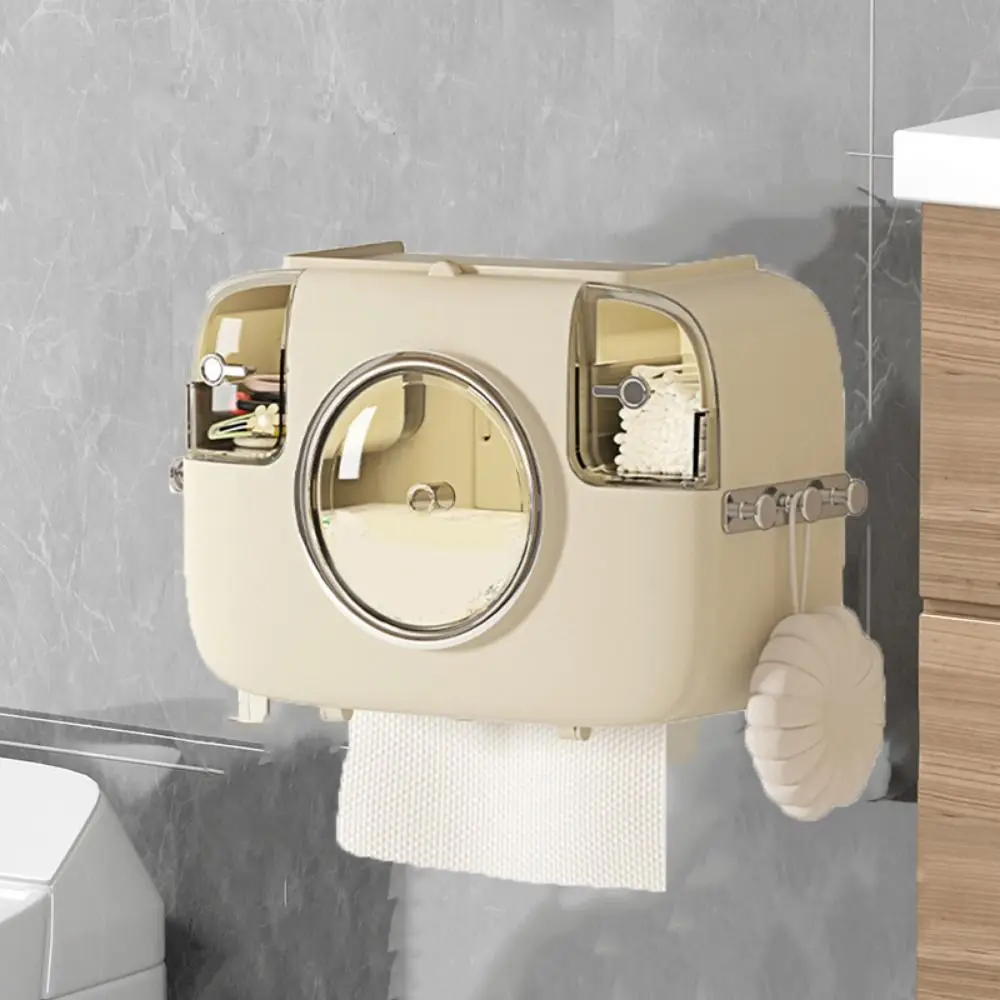 

Plastic Toilet Paper Holder Wall Mounted Waterproof Disposable Washcloth Box Punch-Free with Hooks Face Towel Storage Box