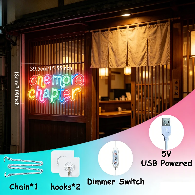 One More Chapter Multicolor LED Neon Sign for Home Decor Bedroom Study Room Reading Inspiration Wall Art Gift for Book Lovers