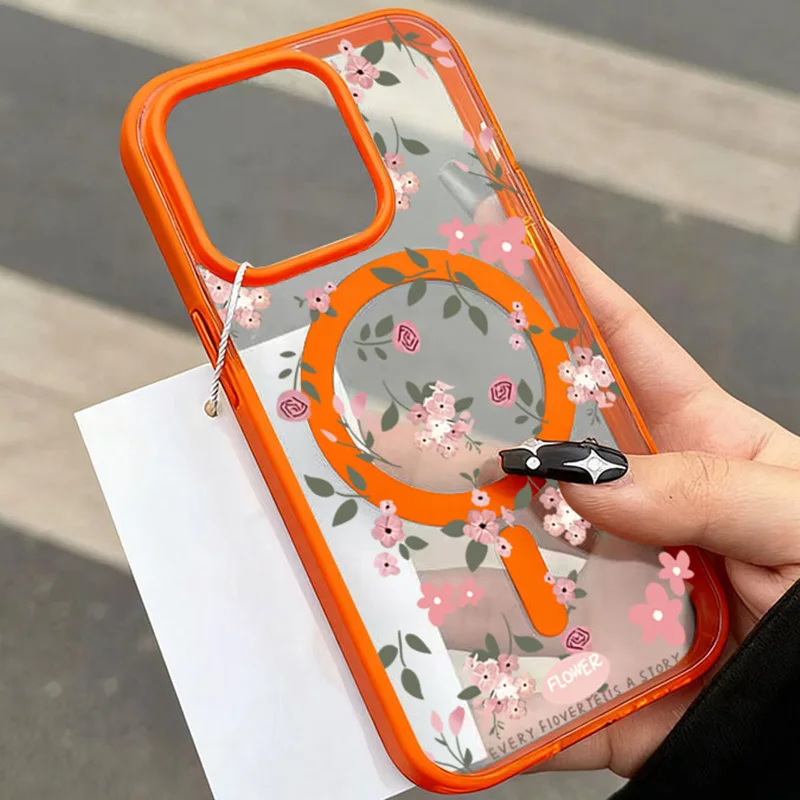 A Floral Ultra-Clear Magnetic Circular Case For iPhone 18 17 16 Pro Max 15 14 Plus 13 12 11 For Magsafe Wireless Charging Cover