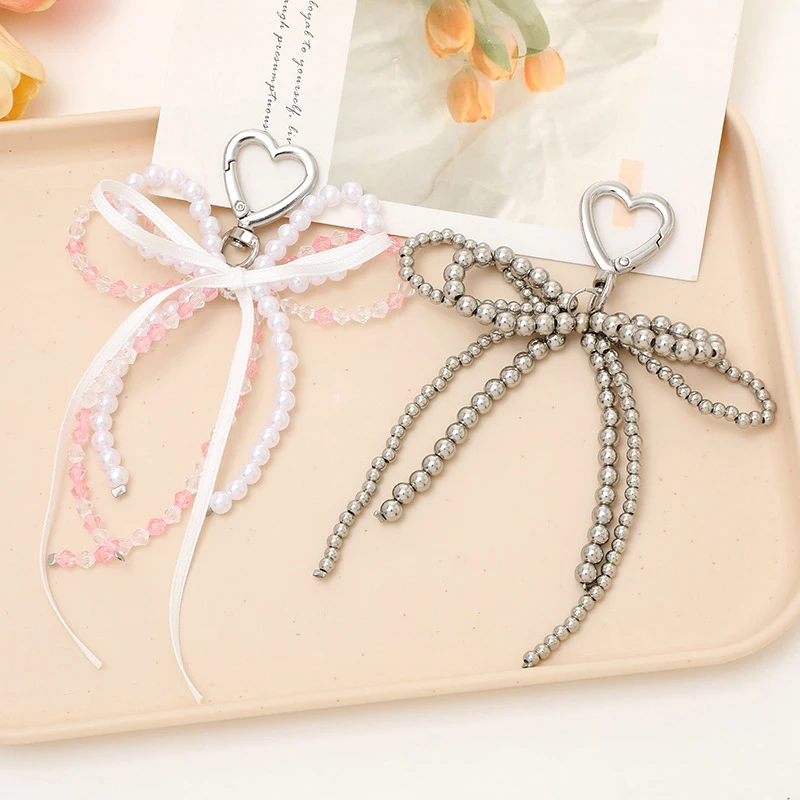 Delicate Mobile Phone Anti Loss Lanyard Sweet Versatile Beaded Bow Pendant Keychain Backpack Decoration Accessories Gifts