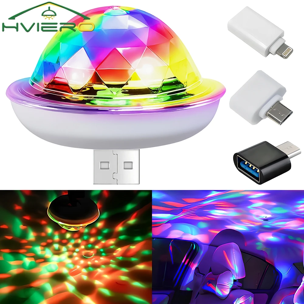 1Pcs Car Led Auto USB Ambient Light DJ RGB Mini Colorful Music Sound USB-C Interface for Apple Holiday Party Karaoke Atmospheric
