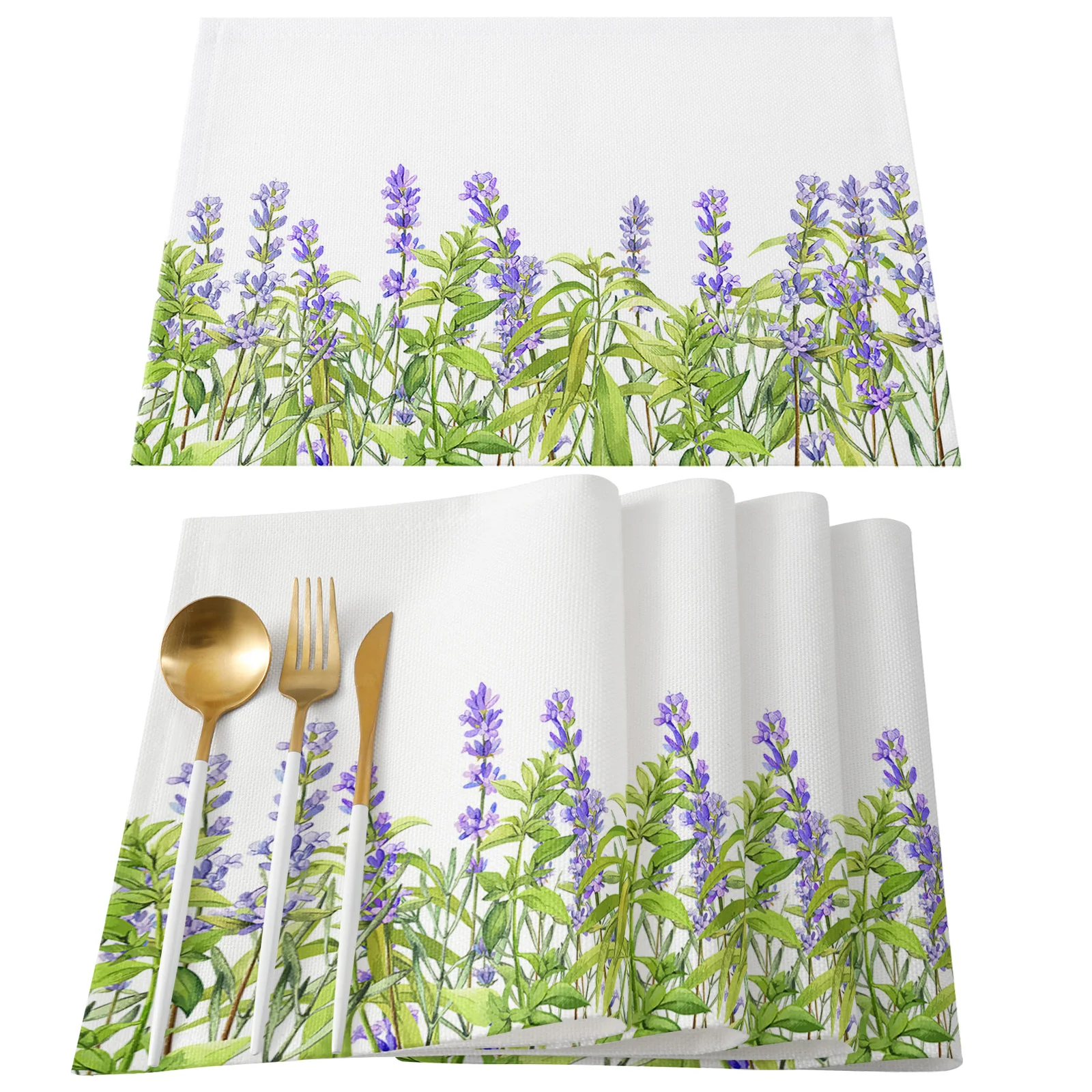 Spring Lavender Green Fresh Kitchen Dining Table Decor Accessories 4/6pcs Placemat Heat Resistant Linen Tableware Pads Mats