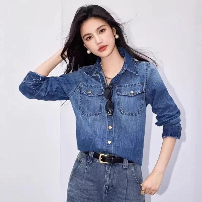 

Retro Long-sleeved Solid Denim Shirt Jacket Women 2026Autumn New Loose Casual Versatile Shirts Fashion Female Top