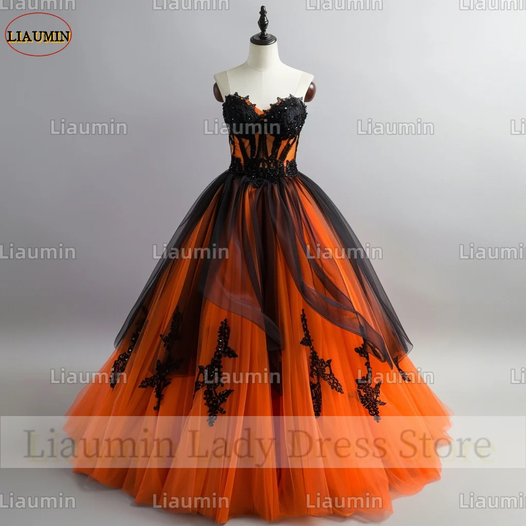 Orange Tulle Black Lace Applique Strapless Ball Gown Full Length Prom Formal Dresses Evening Party Lace Up Back Custom A4-4.6