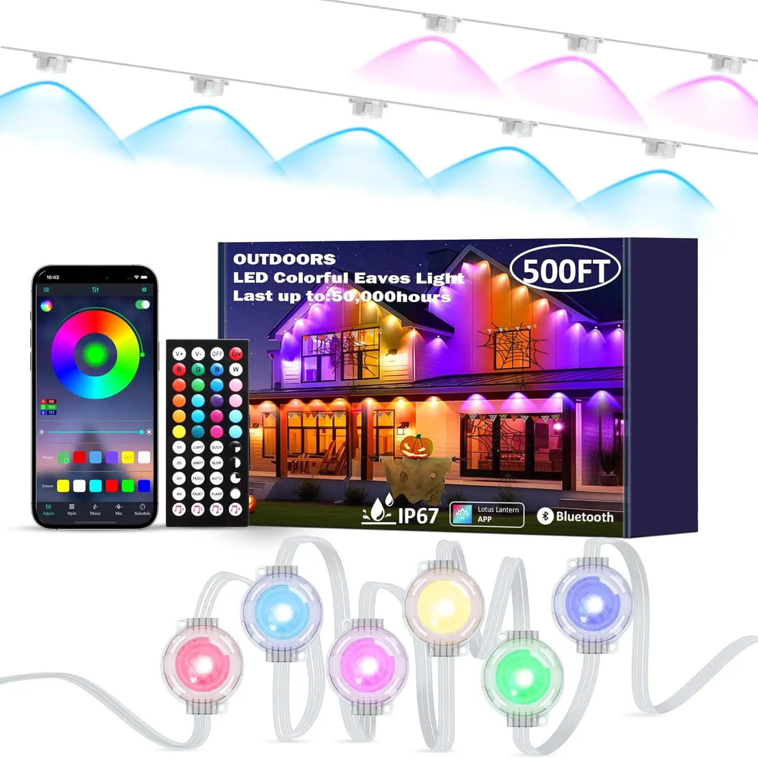 Eaves Lights with APP/Remote Control, IP67 Waterproof LED Outdoor String Lights for Christmas, Halloween, Outdoor, Garden Decor