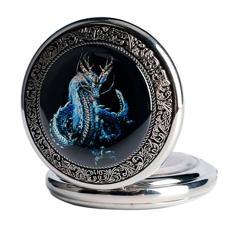 Cool Dragon Design Silver Men Women Mechanical Hand Winding Pocket Watch Roman Number Fob Chain Watch Relogio De Bolso