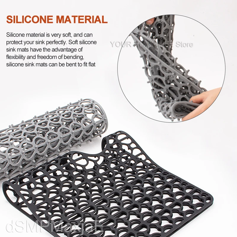Tapis d'évier en silicone, pliable, accessoire pour évier en acier inoxydable (gris, 34,5 x 29,5 cm