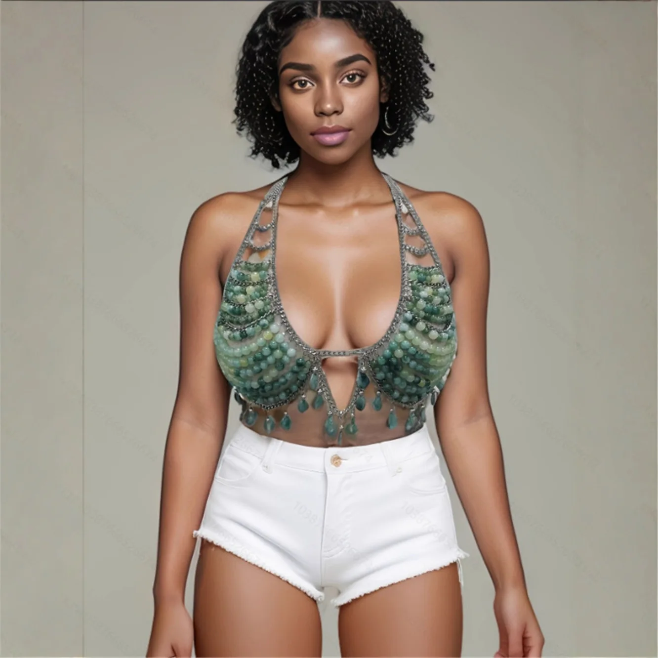 Wholesale Green Beaded Halter Tops Party Bra Chain Night Club Sexy Costume Handmade Women Color Changing Beads Body Jewelry Tops