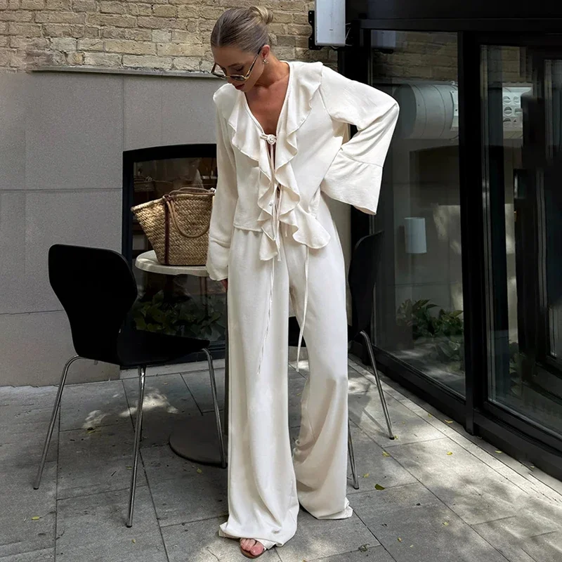 

New Ruffled Wide-leg Pants Two Piece Set Female V Neck Long Sleeve T shirt Lace Up High Waist Loose Woman Casual Suit Solid