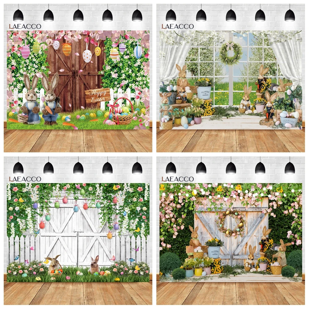 

Happy Easter Backdrops for Photography Wooden Door Bunny Colorful Eggs Spring Flower Green Grass Kids Portrait Photo Background