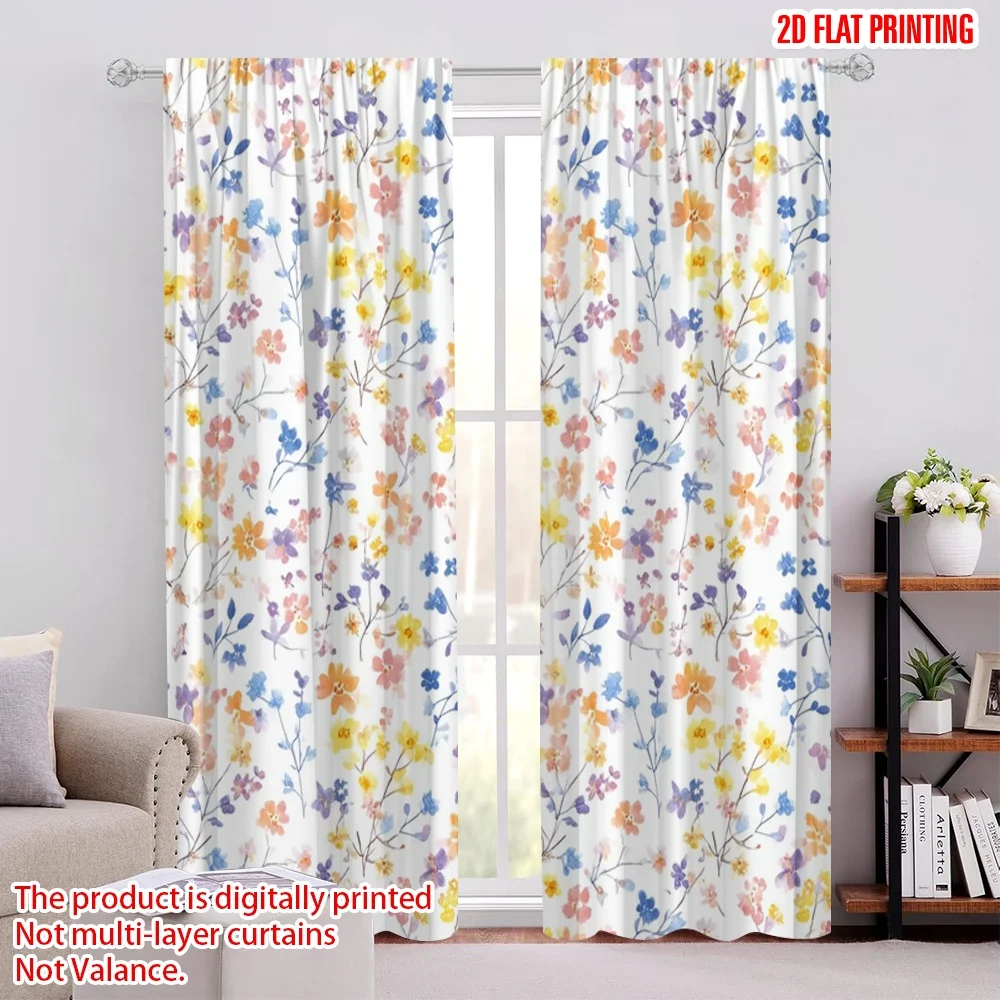 2 Panels Watercolor Tiny Floral Curtains White Base Colorful Branch Bloom Pattern Drapes Soft Fresh Girls Bedroom Window Decor