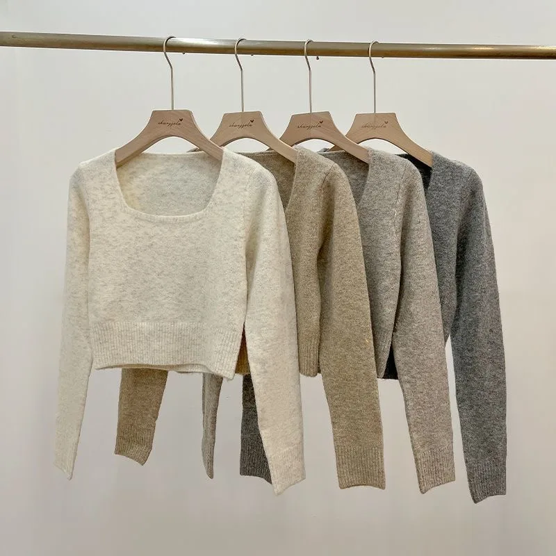 

Fdfklak Autumn Winter Women Sweaters Casual Long Sleeve Knitted Square Collar Pullover Sweater Femme Basic Solid Jersey Tops