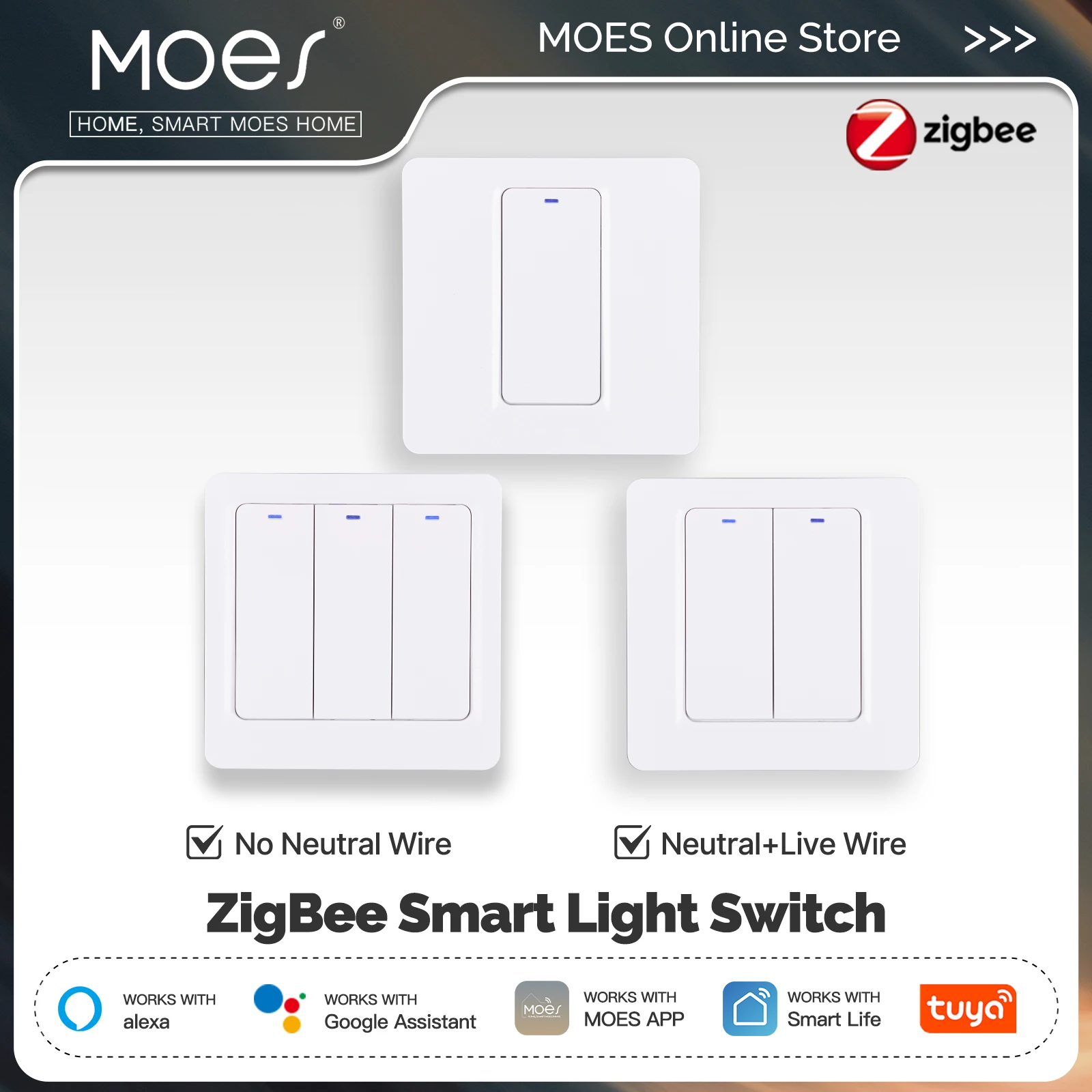 MOES ZigBee Smart Light Switch Tuya Neutral Wire Optional | Magnetic Relay | App/Voice Control | Works with Alexa & Google Home