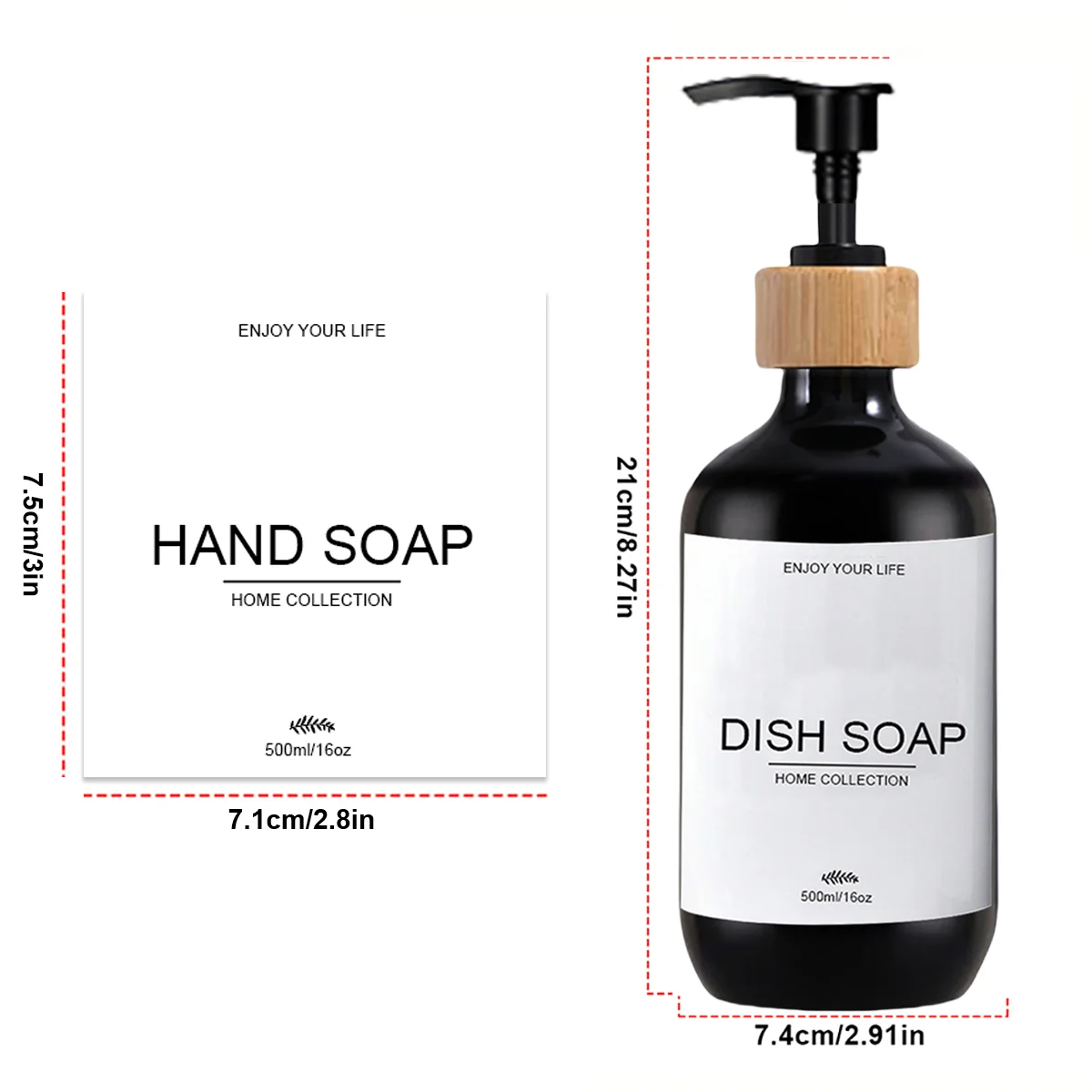 Black Soap Dispenser Set Kitchen Hands and Dish Soap Pump Dispenser Bathroom Hand Soap Bottle with Waterproof Label Sticker