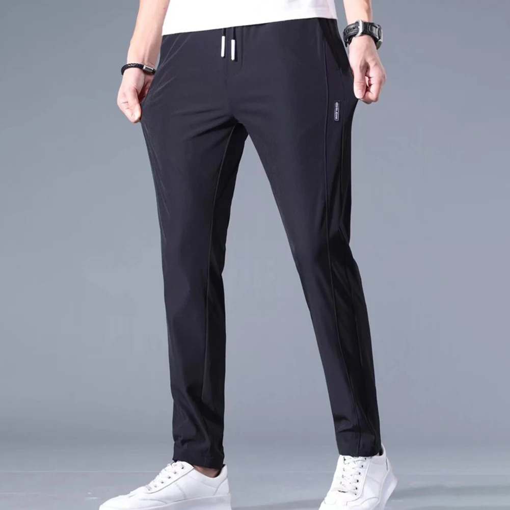 Men's Loose Ice Silk Thin Straight-Leg Casual Trousers Pants Quick-Drying Sports Pants Breathable Drawstring Male Casual Pants