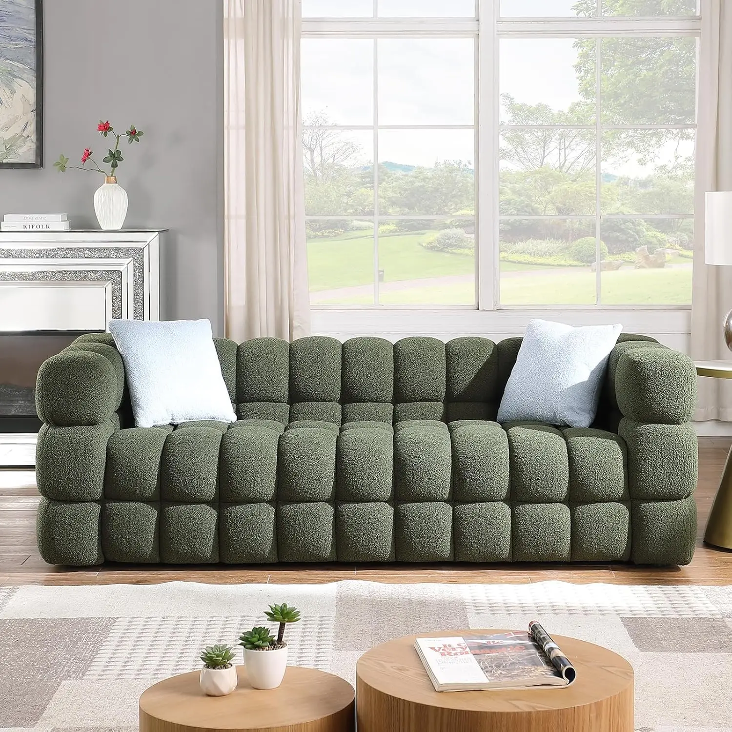 

86-дюймовый трехместный диван с каркасом из массива дерева и 2 декоративными подушками, плюшевый диван в стиле Mid-Century Modern для гостиной, на заказ