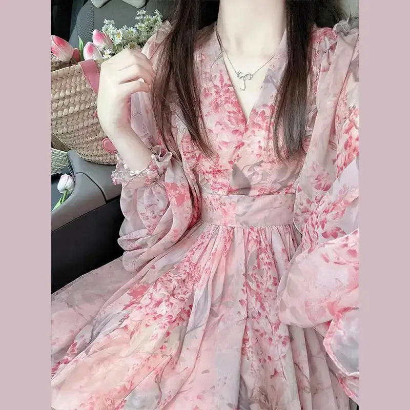 Französisch Stil Sommer Rosa Blumen Laterne Hülse frauen Herbst High-Grade Lange Kleid Elegante Tüll Abnehmen