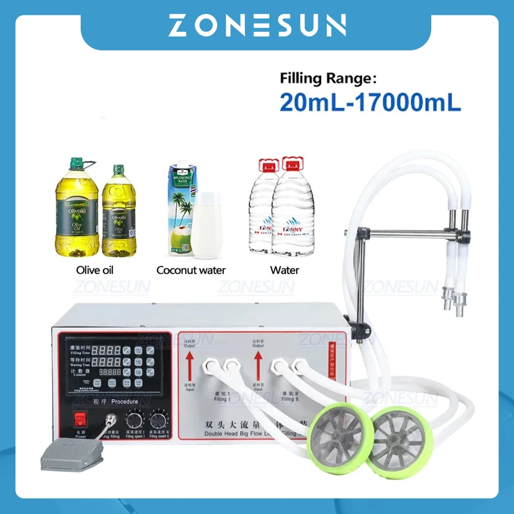 

ZONESUN ZS-GFK17B 2-head Liquid Filling Machine Semi-auto Bottle Filler Packing Machine for Water Palm Oil Olive Oil Soya Milk