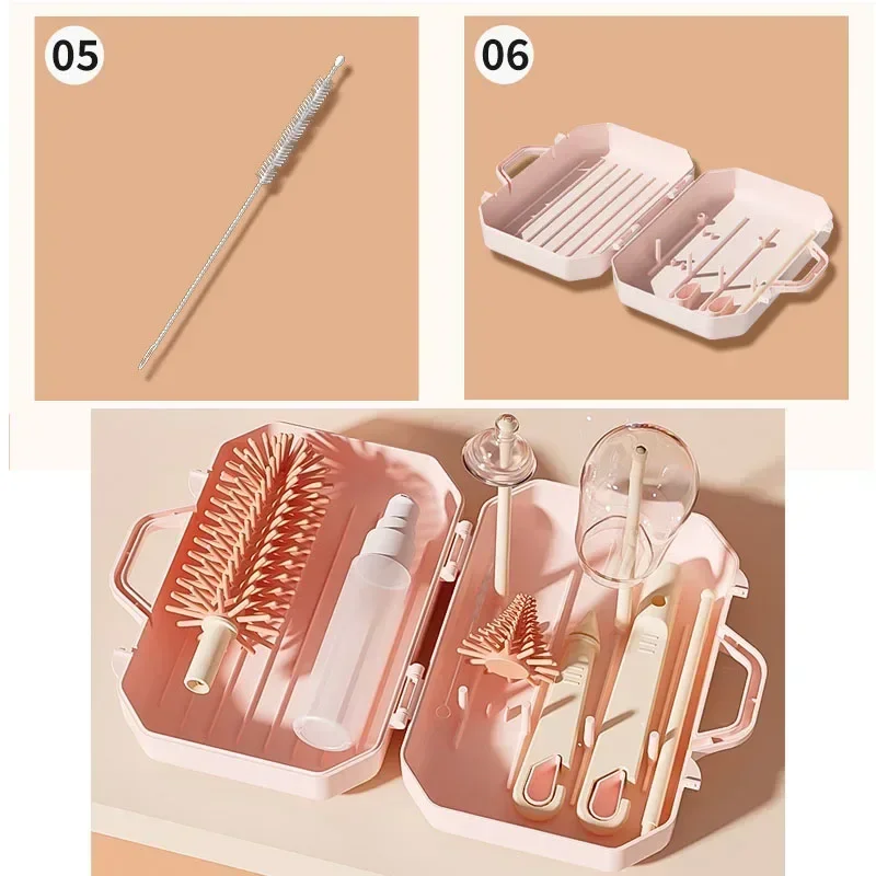 6-in-1 Baby Bottle Drying Rack Portable Cleaner Set with Cup Drain Cleaning Storage Box Silicone Bottle Cleaning Brush Tool Set