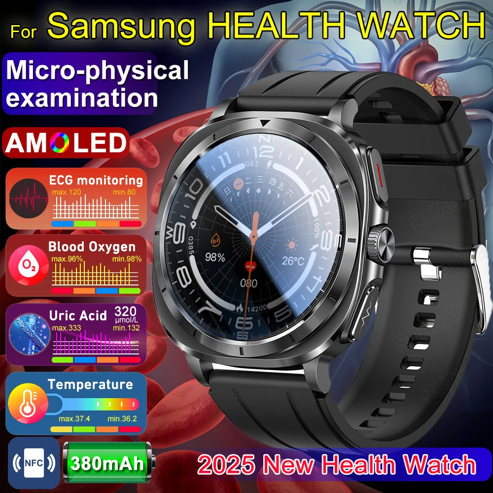

Смарт-часы для мужчин, новинка 2025 года, умные часы для здоровья Samsung, кровяное давление, ЭКГ, PPG, Bluetooth-вызов, мочевая кислота, липиды в крови, жир для тела