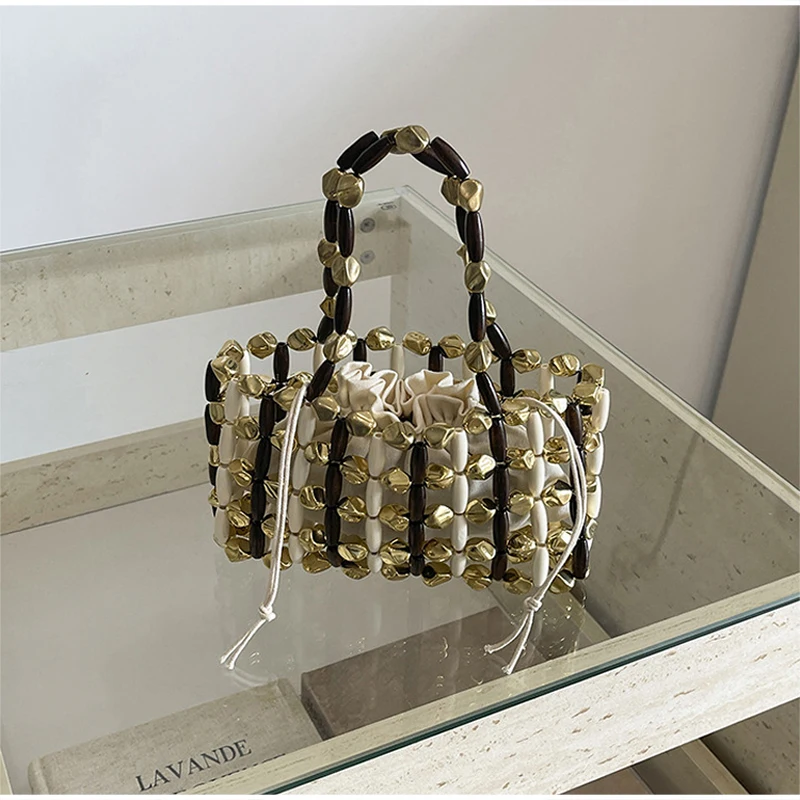 Ausgehöhlte Holzperlen-Handtasche mit gewebtem Obergriff und Canvas-Innentasche mit Kordelzug, koreanische leichte schicke Strandtasche für Damen – Detail 3