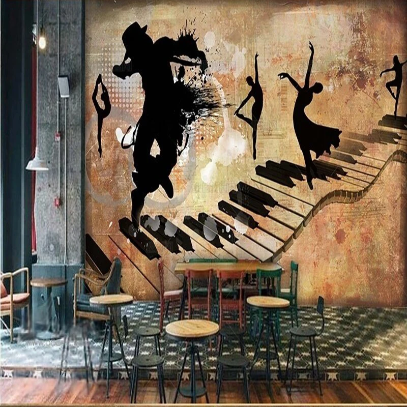 

Beautiful modern piano music dancing silhouettes of dancers retro oil paintings TV luxurious home decoration background wall